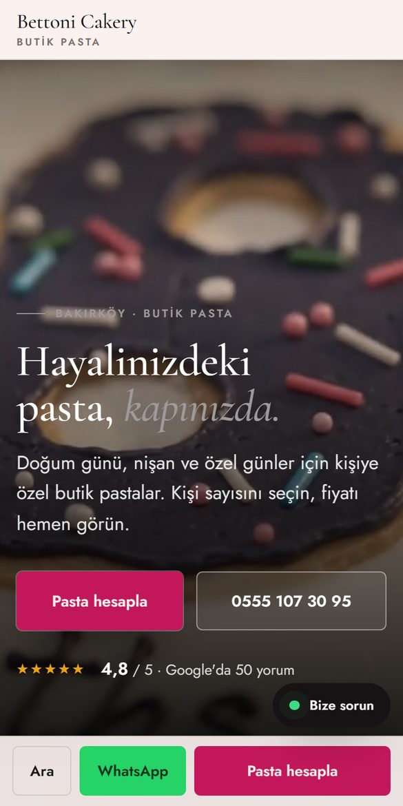 Pastane web sitesi tasarım örneği, telefon görünümü
