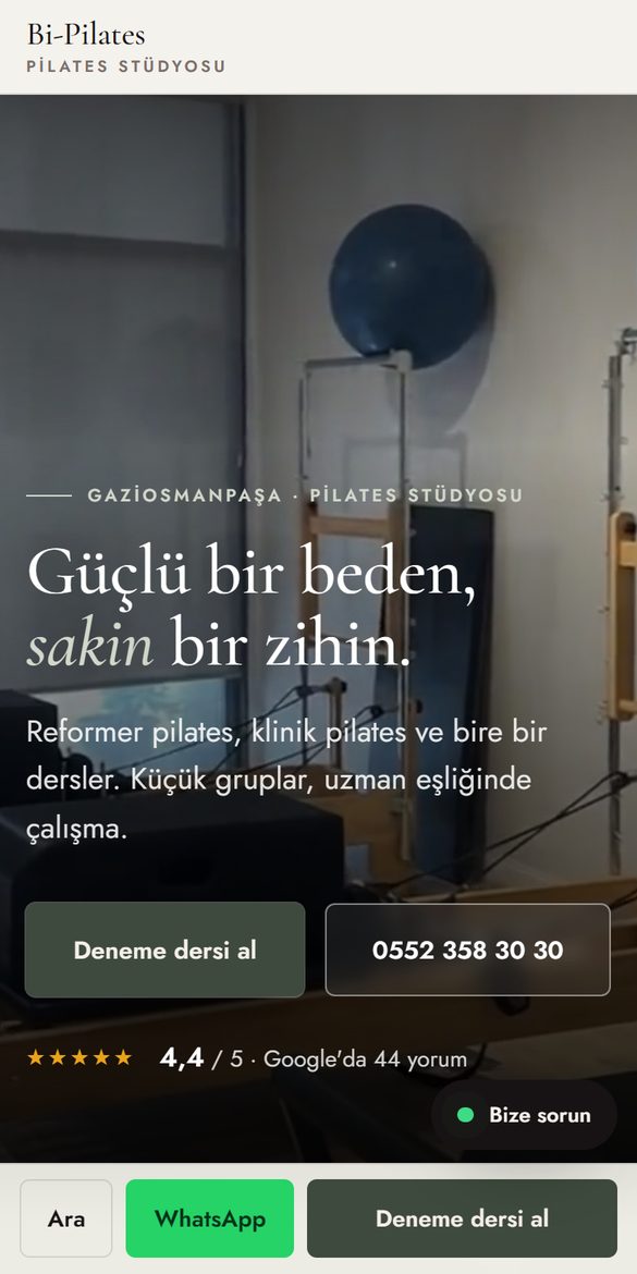 Pilates & spor salonu web sitesi tasarım örneği, telefon görünümü