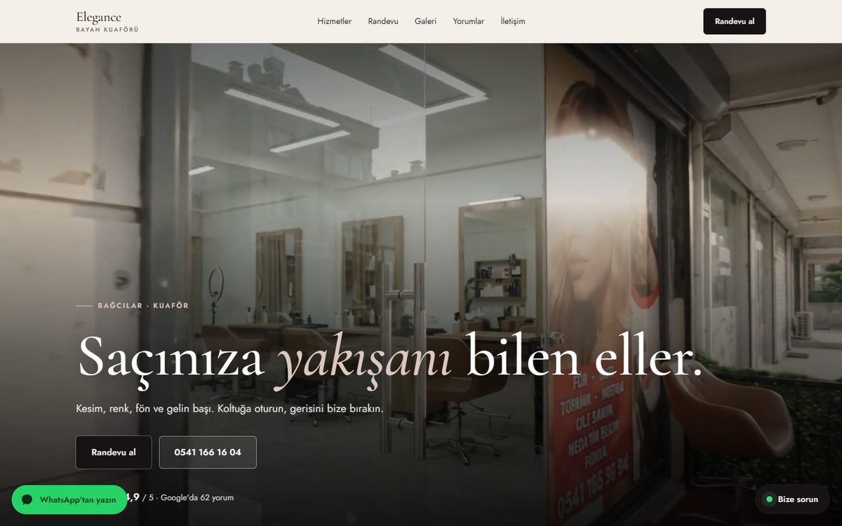 Kuaför web sitesi tasarım örneği, bilgisayar görünümü
