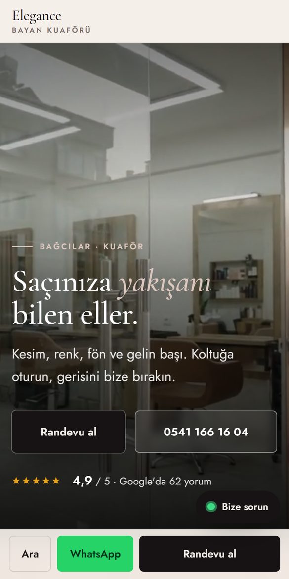 Kuaför web sitesi tasarım örneği, telefon görünümü