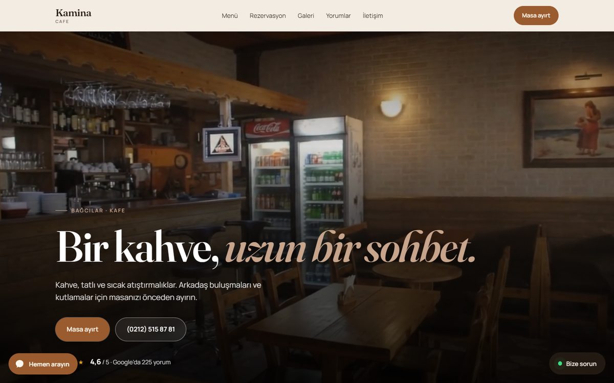 Kafe & restoran web sitesi tasarım örneği, bilgisayar görünümü