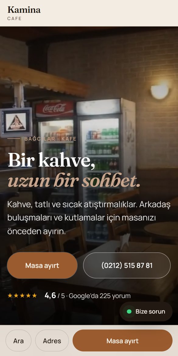 Kafe & restoran web sitesi tasarım örneği, telefon görünümü