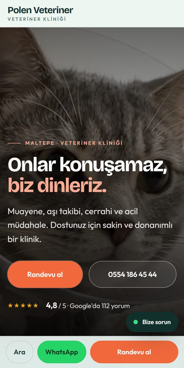 Veteriner web sitesi tasarım örneği, telefon görünümü