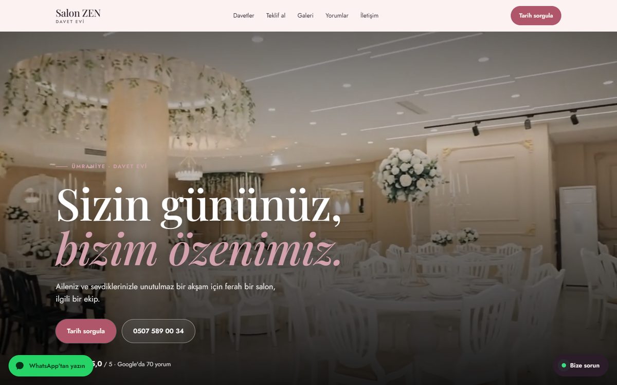 Düğün & davet salonu web sitesi tasarım örneği, bilgisayar görünümü