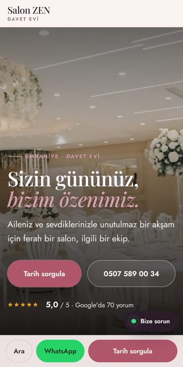 Düğün & davet salonu web sitesi tasarım örneği, telefon görünümü