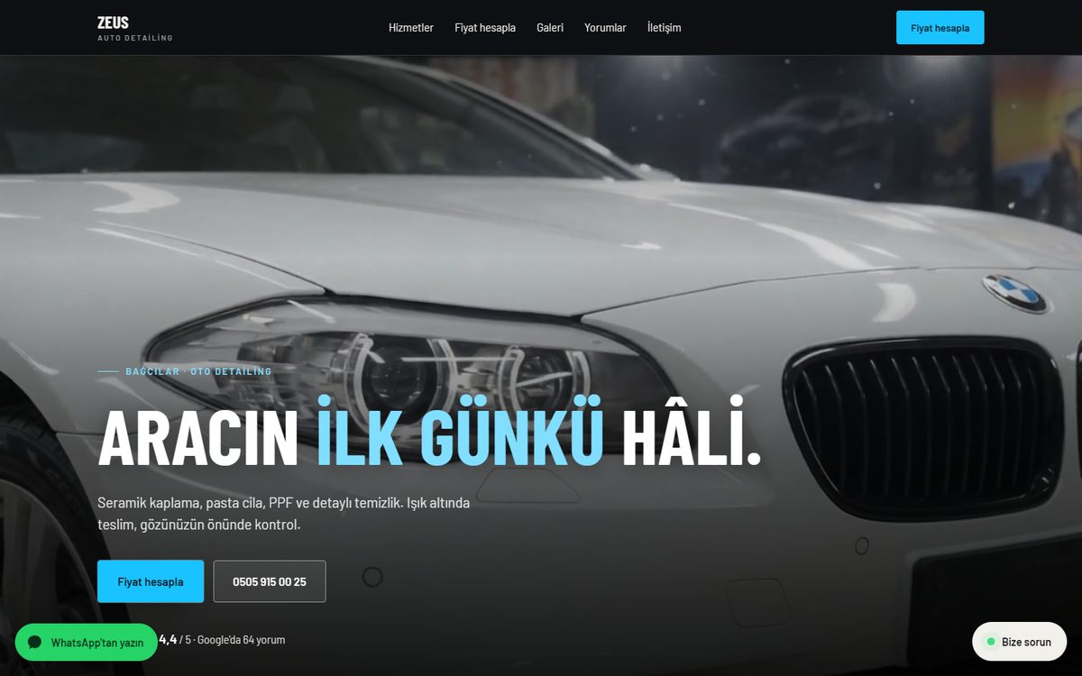 Oto yıkama & detailing web sitesi tasarım örneği, bilgisayar görünümü