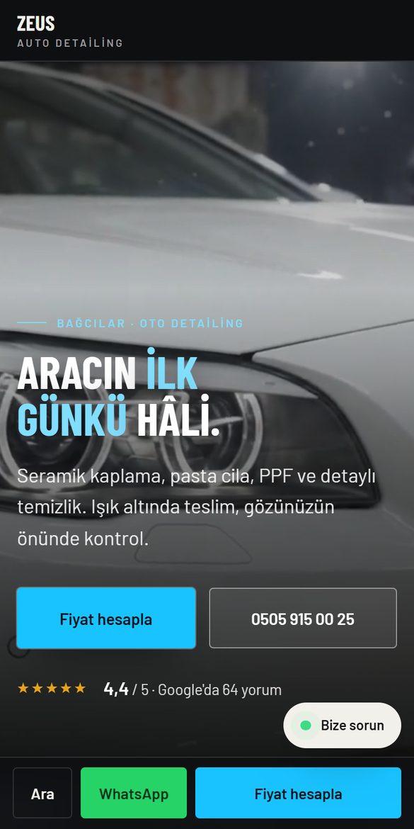 Oto yıkama & detailing web sitesi tasarım örneği, telefon görünümü